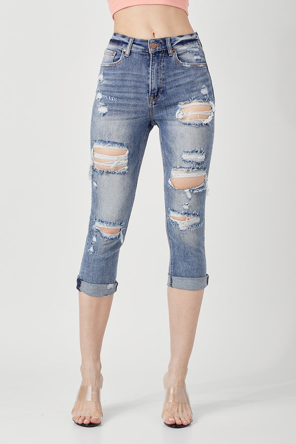 SALE Risen High Rise Distressed Straight Capri