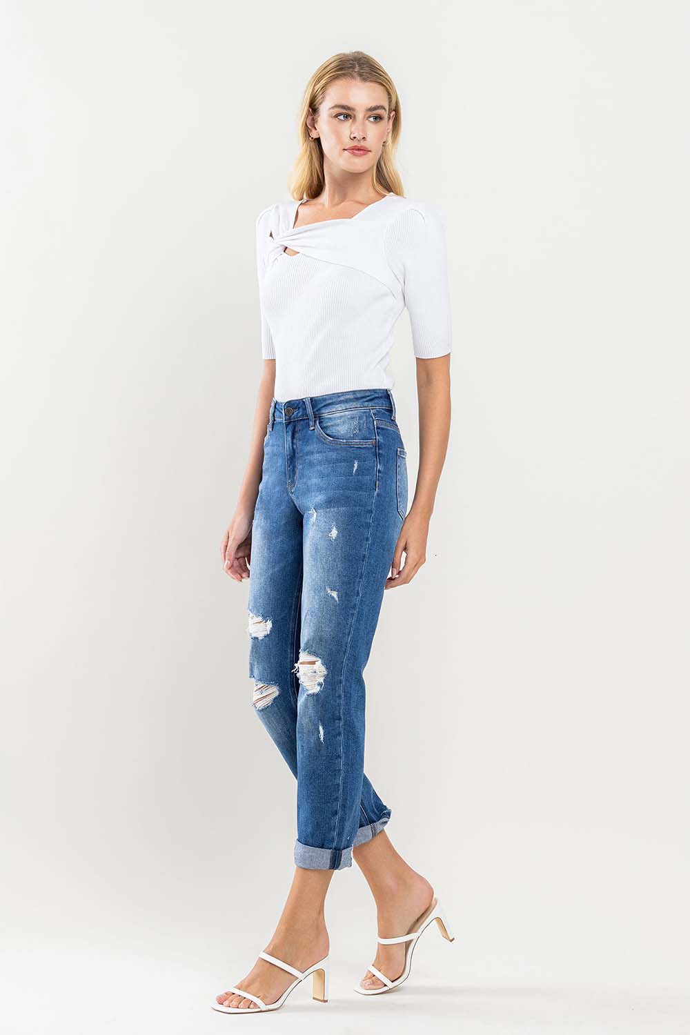 Vervet High Rise Distressed Rolled Cuff Boyfriend Jeans
