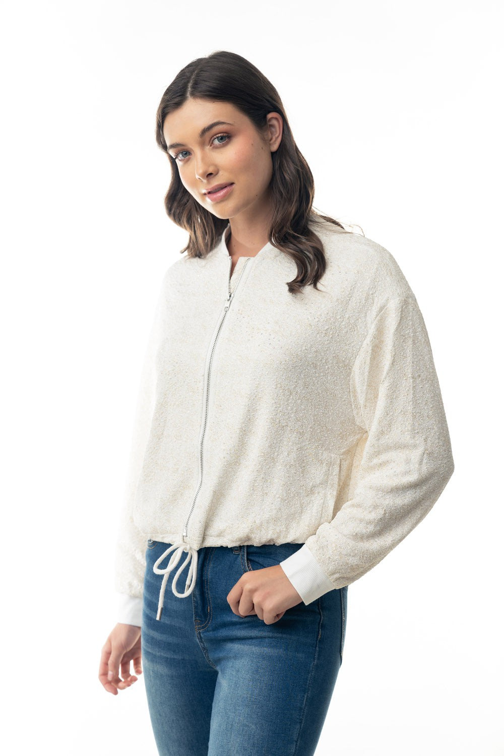 Long Sleeve Metalic Lurex Knit Cropped Jacket - Curvy Size