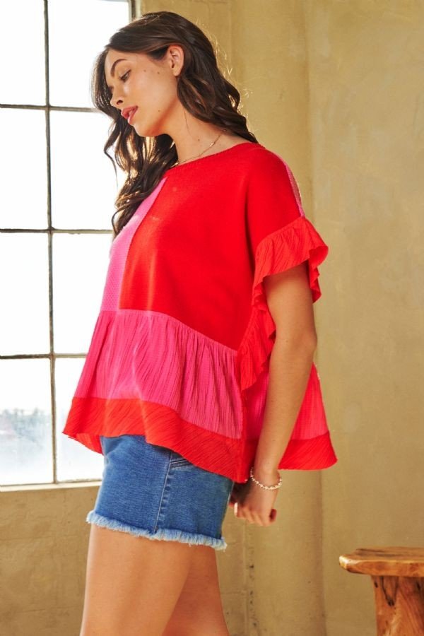 Davi & Dani Mix Match Textured Ruffle Detail Knit Sweater Top - Curvy Size - Blush & Cactus