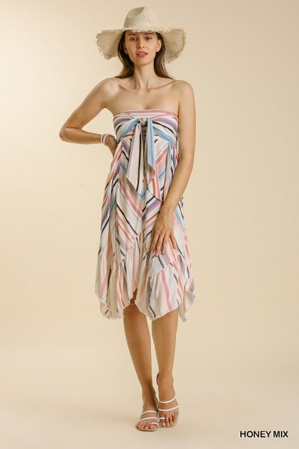 Bleached Striped Sleeveless Handkerchief Midi Dress
