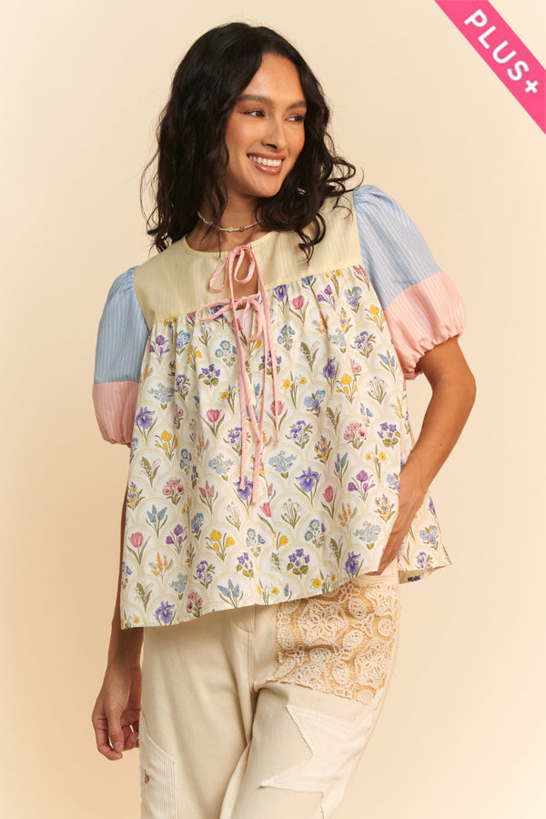 Davi & Dani Stripe Wallpaper Print Tie Front Peasant Top - Curvy Size