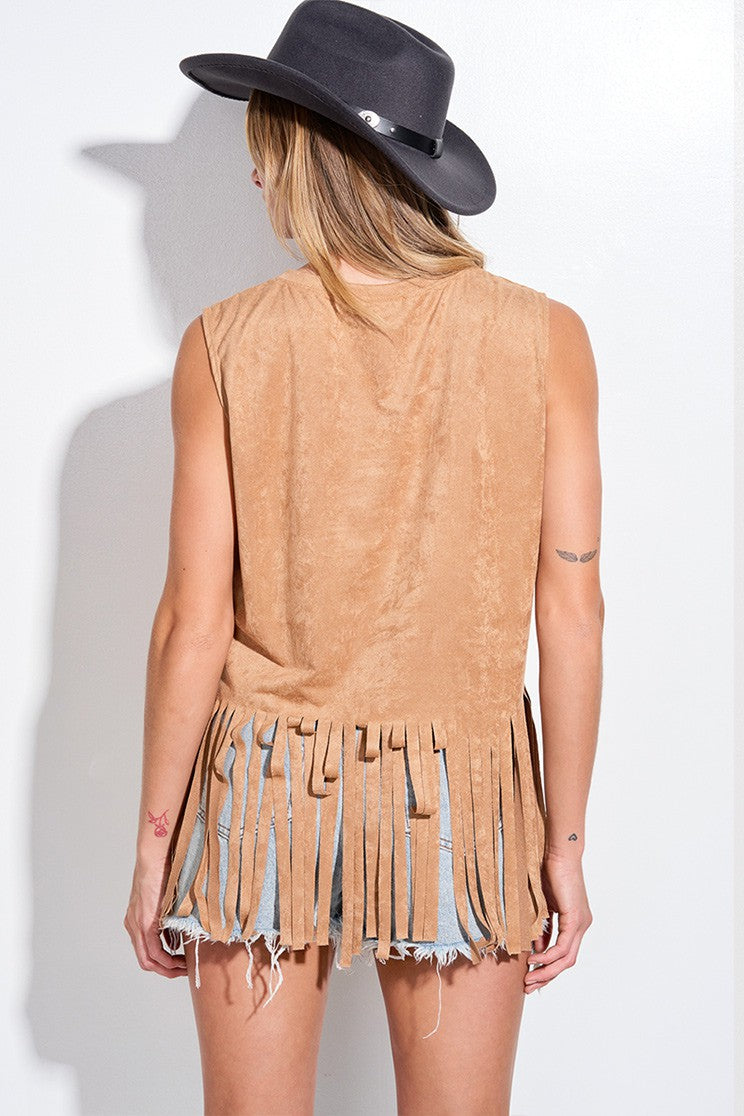 Boo haw suede fringe muscle tank top