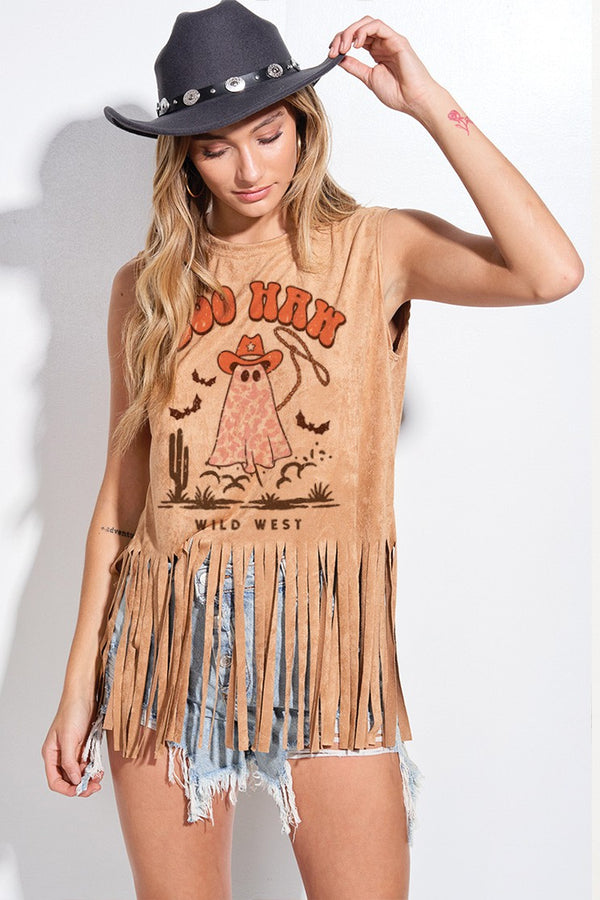 Boo haw suede fringe muscle tank top