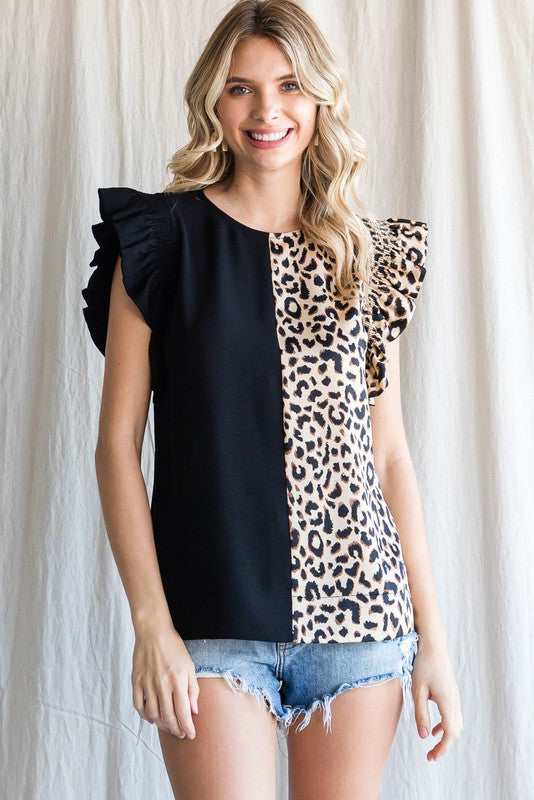 Sale Colorblock Leopard Ruffled Shoulder Top - Curvy Size