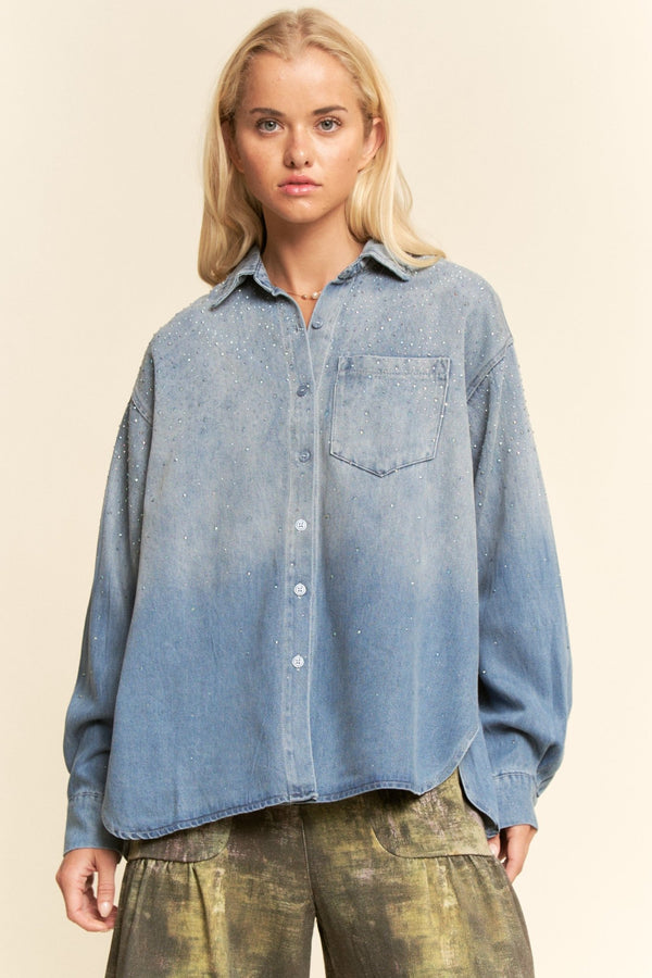 Davi & Dani Oversized Rhinestone Chest Pocket Denim Shirt - Blush & Cactus