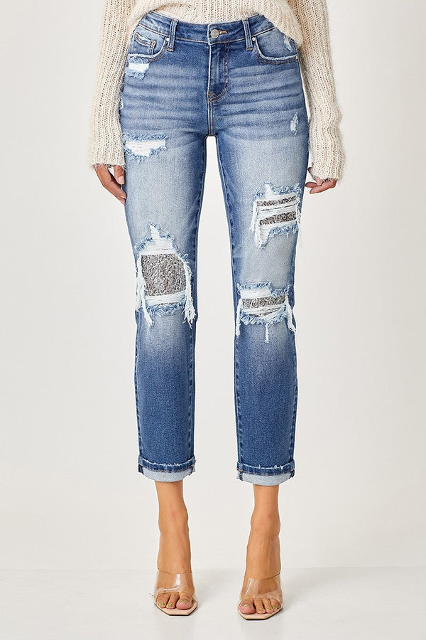 Risen Mid-Rise Sequins Patched Straight Jeans