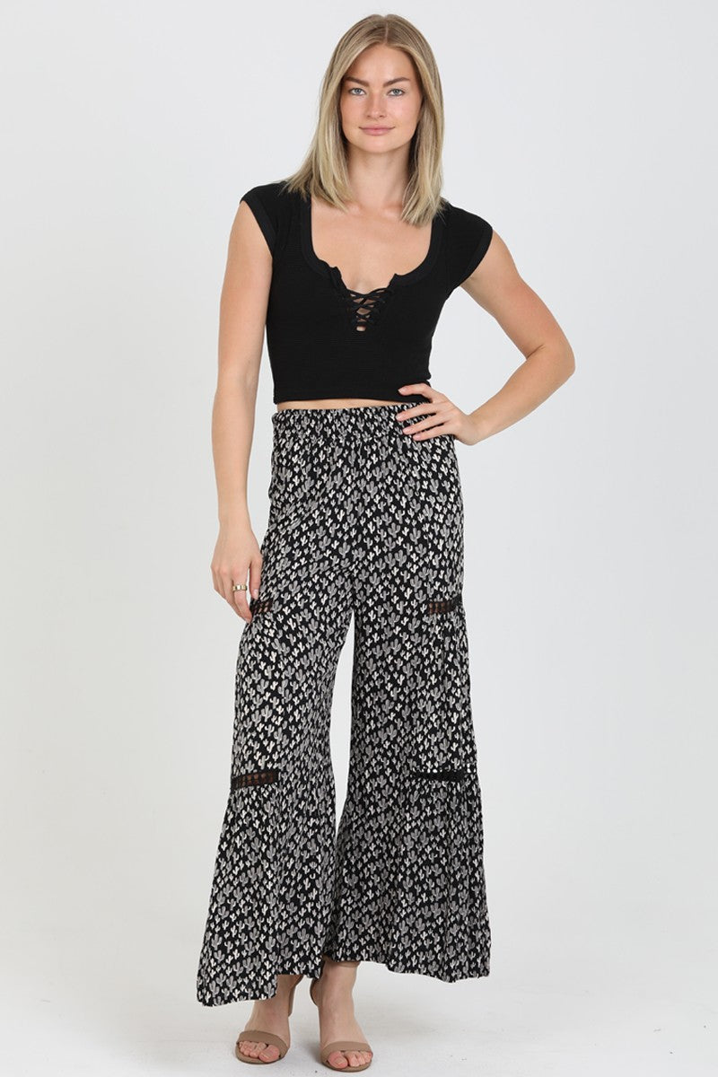 Angie Elastic Waist Wide Leg Pants With Lace Trim