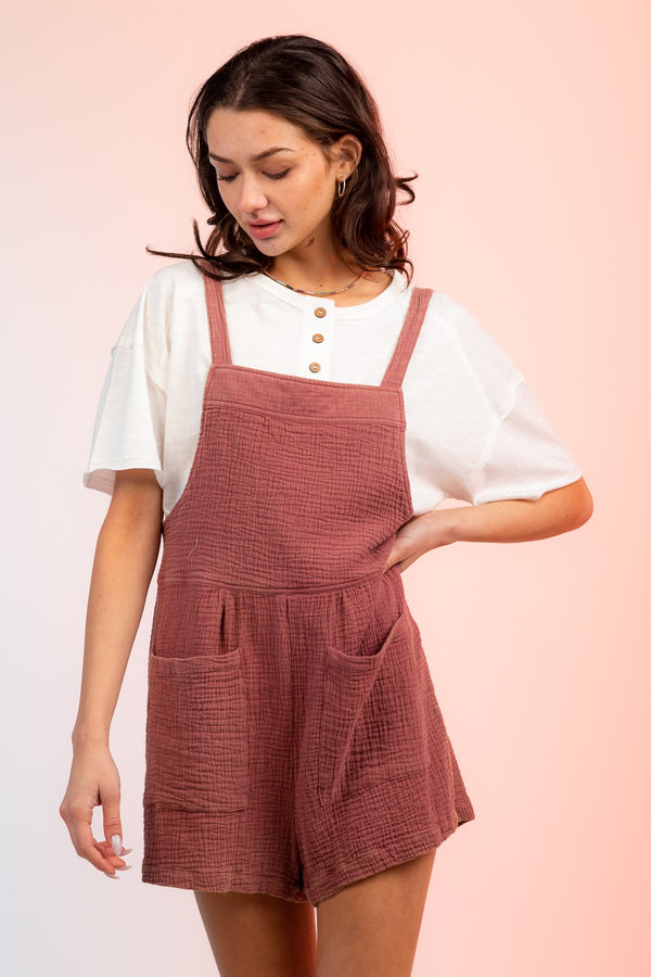 Sleeveless Double Gauze Overall Romper w/ Pockets - 3 Colors
