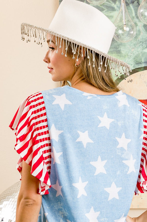 Fourth Of July Theme Ruffled Sleeves Top