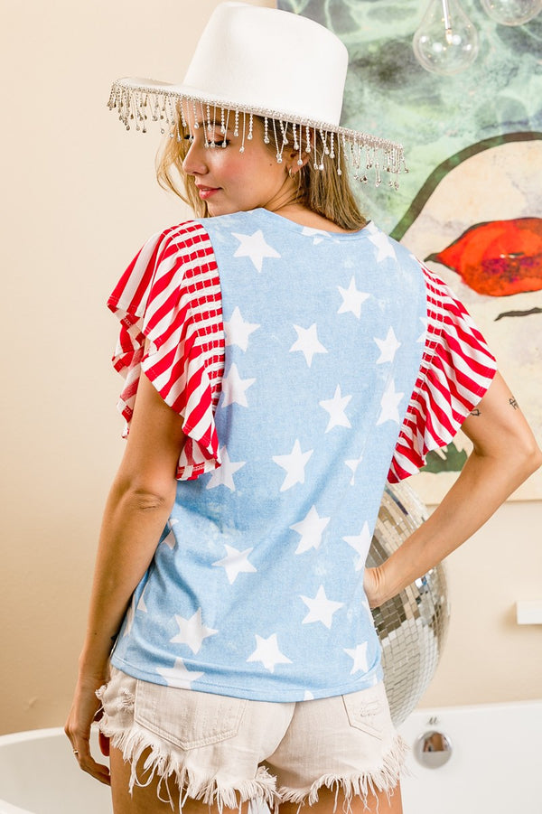 Fourth Of July Theme Ruffled Sleeves Top