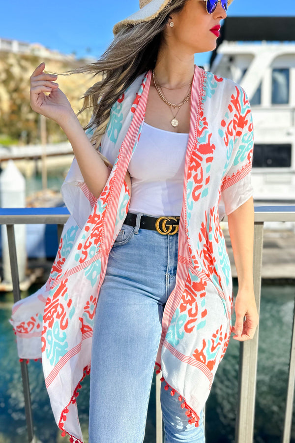 Damask Flower Printed Kimono Cardigan With Trim  - 2 Colors