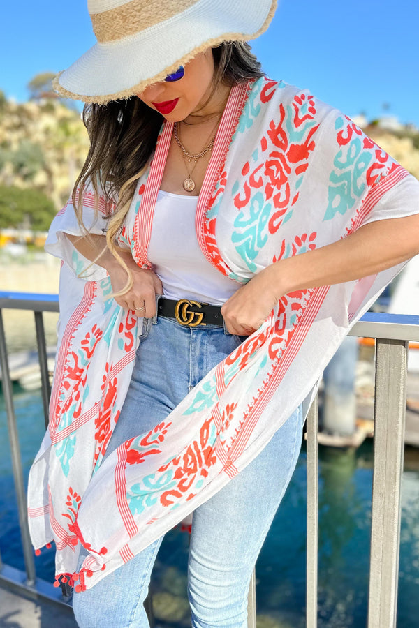 Damask Flower Printed Kimono Cardigan With Trim  - 2 Colors