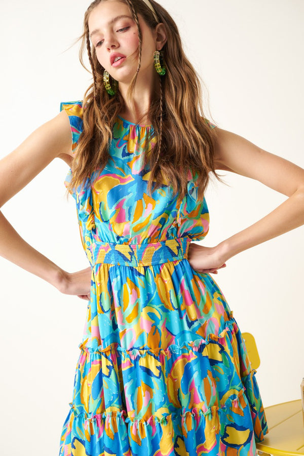 Abstract Print Short Ruffle Sleeve Mini Dress