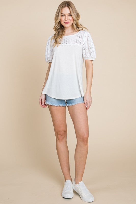 Solid Casual Top With Eyelet Detail - 2 Colors