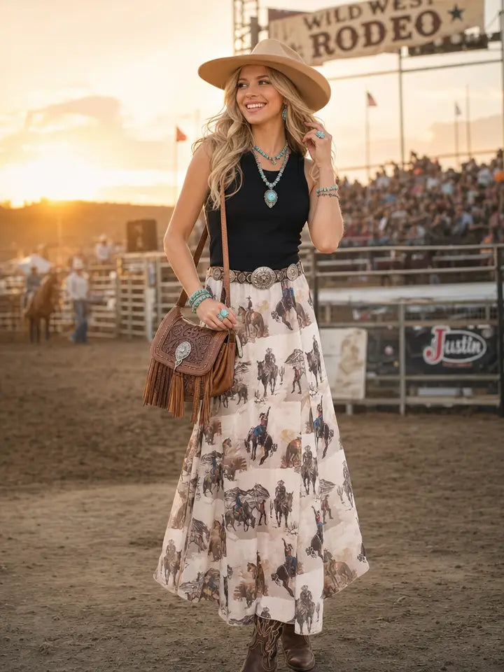 Cowboy Print Lined Full Mesh Skirt