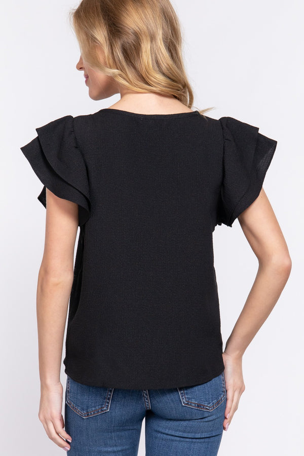 SALE Black Short Ruffle Sleeve Embroidered Top