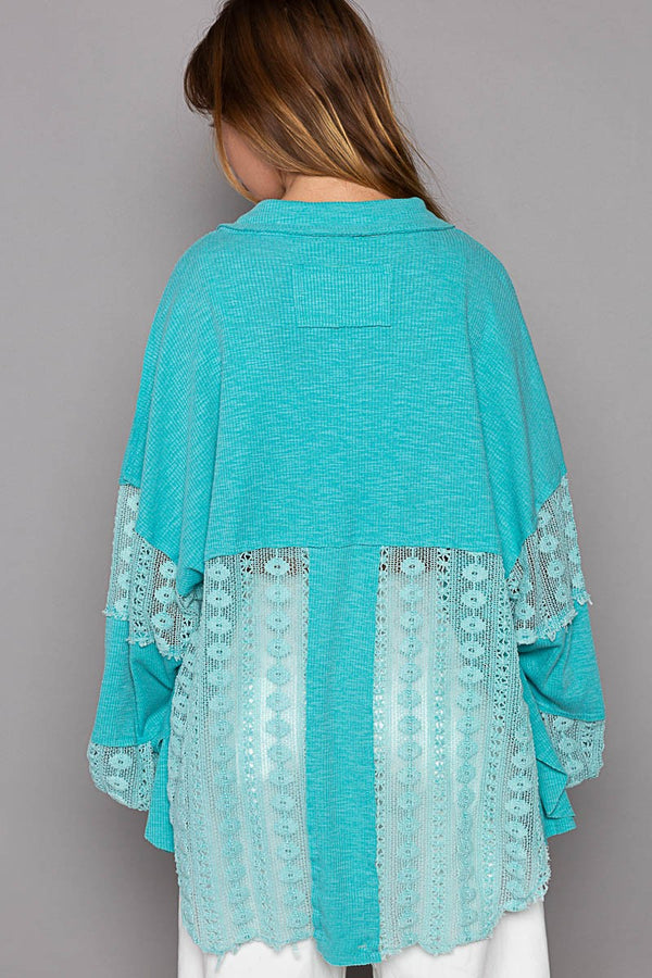 POL Lace crochet sleeve button down slub shirt
