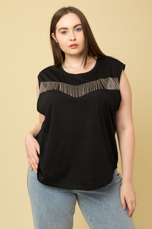 Sleeveless Knit with Fringe Top - Curvy Size