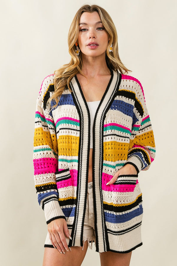 Multi Colors Stripe Pointelle Sweater Cardigan