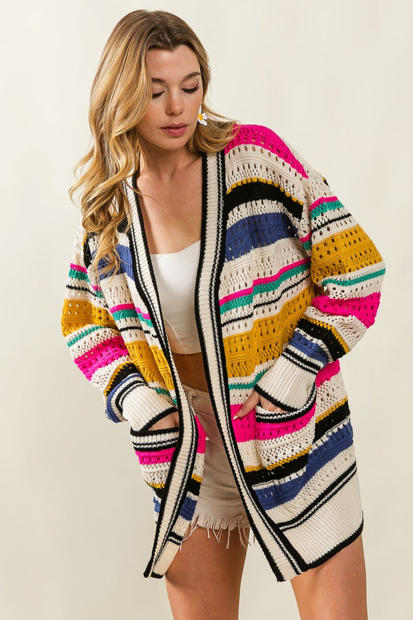 Multi Colors Stripe Pointelle Sweater Cardigan