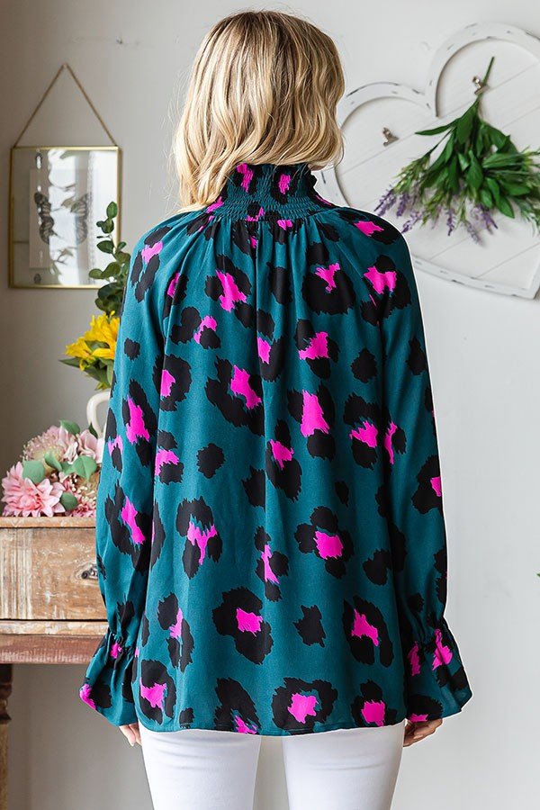 Leopard Smocked Tie - keyhole Long Sleeve Blouse - Curvy Size - Blush & Cactus