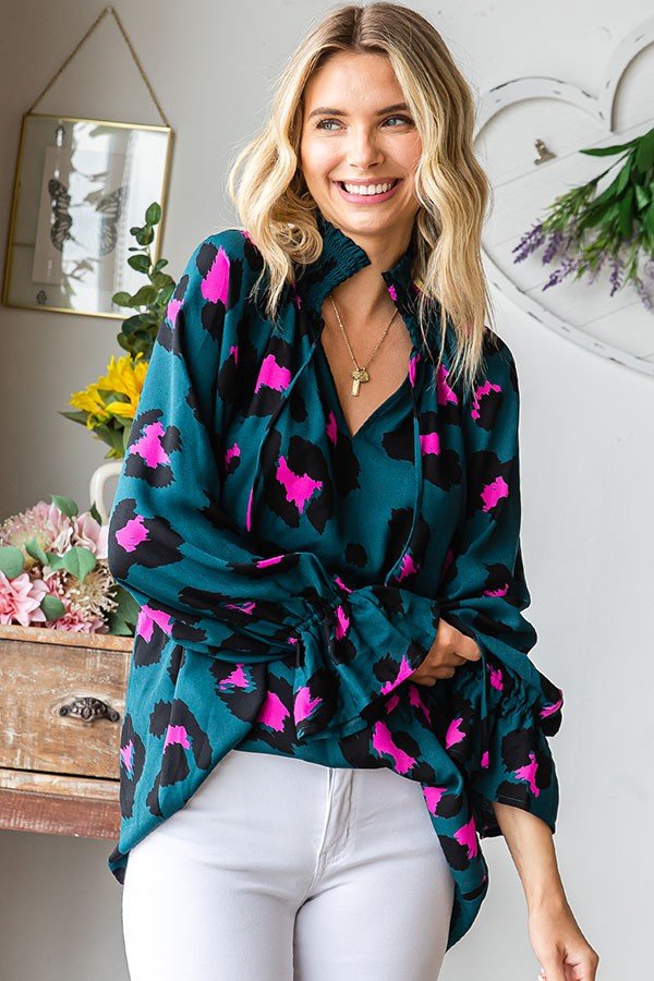 Leopard Smocked Tie - keyhole Long Sleeve Blouse - Curvy Size - Blush & Cactus