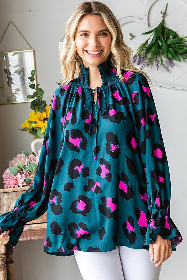 Leopard Smocked Tie - keyhole Long Sleeve Blouse - Curvy Size - Blush & Cactus
