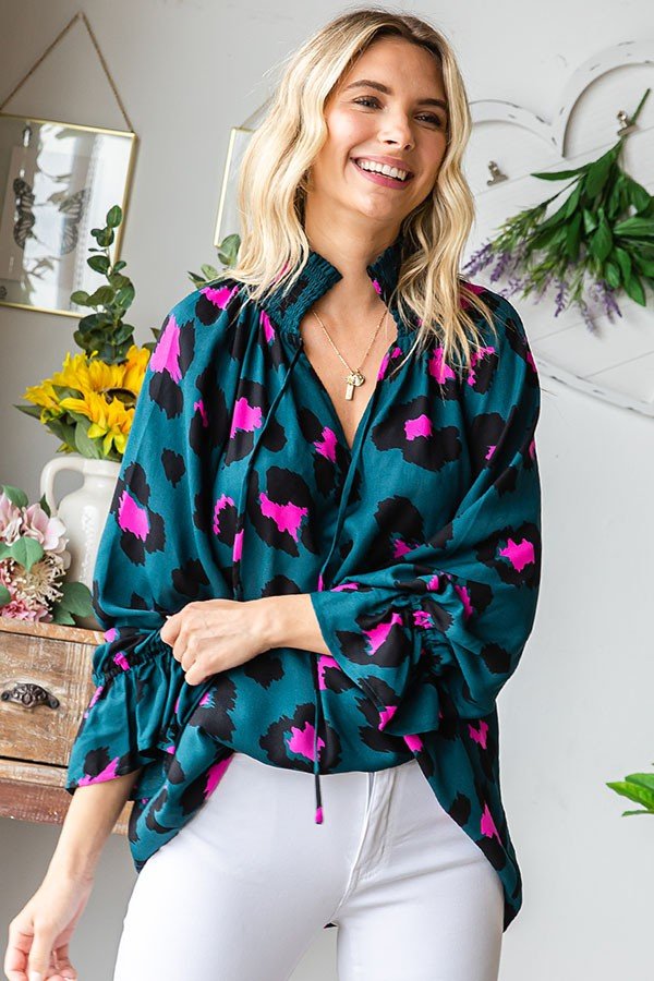 Leopard Smocked Tie - keyhole Long Sleeve Blouse - Curvy Size - Blush & Cactus