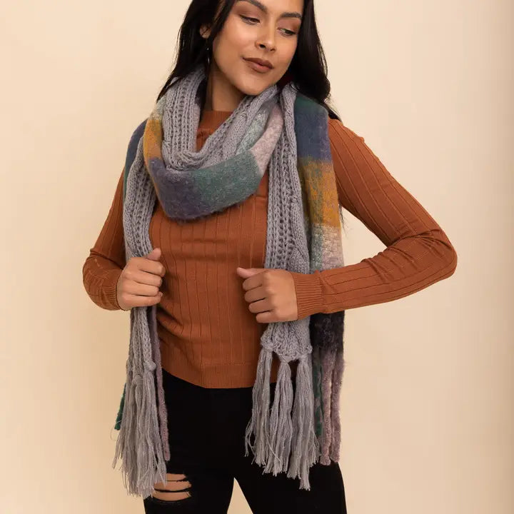 Cozy Knit Dual Textured Scarf w/ Tassels