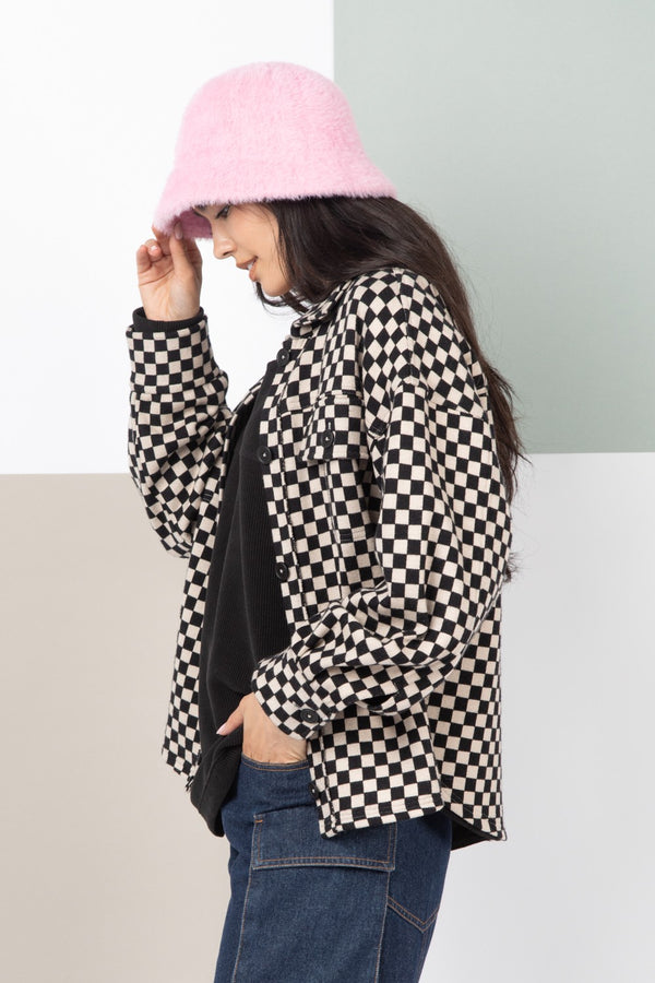Button Down Checkered Shacket Jacket - Curvy Size