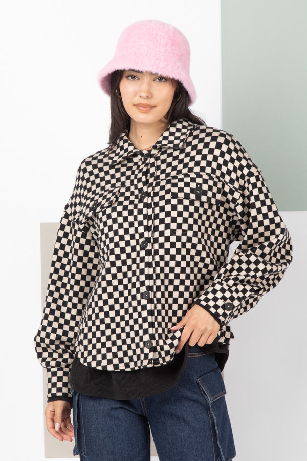 Button Down Checkered Shacket Jacket - Curvy Size
