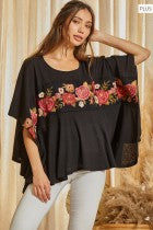 Knit Poncho Top with Floral Embroidery