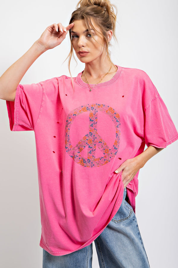 Peace Sign Printed Washed Tee - Curvy Size