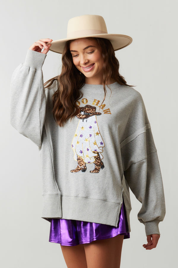 Halloween Boo Haw Sequin Ghost Sweatshirt