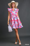 Umgee V-Notched Floral Print Dress Ric Rac Trim Details