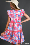 Umgee V-Notched Floral Print Dress Ric Rac Trim Details