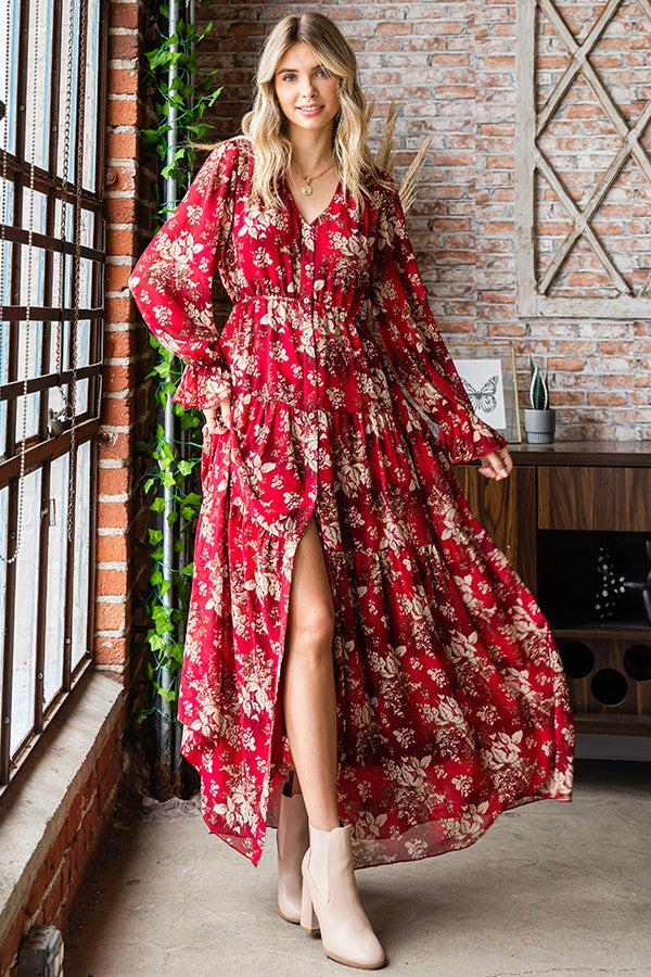 Floral Print Button Down Long Sleeve Maxi Dress