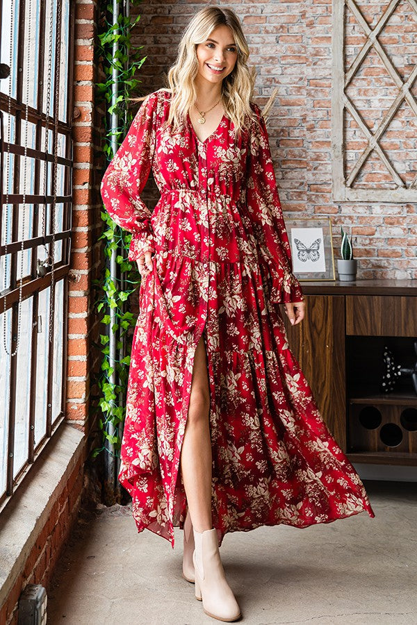 Floral Print Button Down Long Sleeve Maxi Dress - Curvy Size