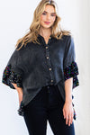 Washed Button Up Oversized Blouse with Sequin Ruffle Sleeves
