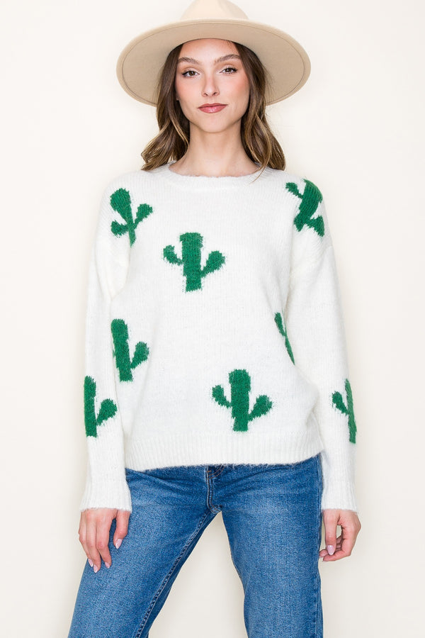 Crew Neck Cactus Pullover Sweater - 2 Colors