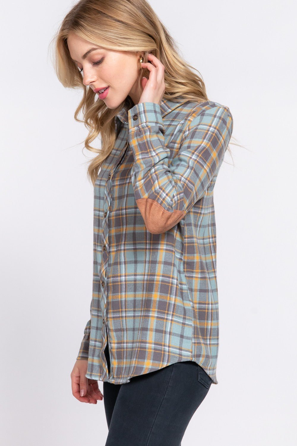 DOORBUSTER Long Sleeve W/suede Patch Button Down Plaid Shirt - Blush & Cactus