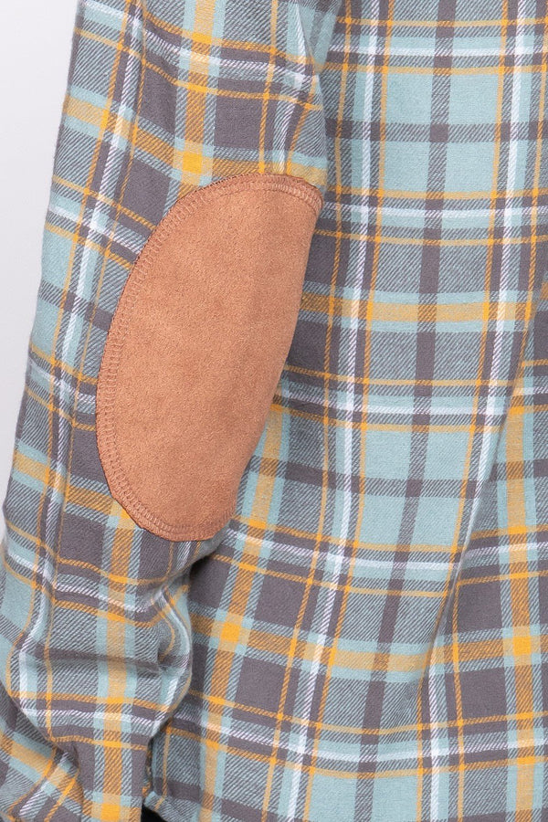 DOORBUSTER Long Sleeve W/suede Patch Button Down Plaid Shirt - Blush & Cactus