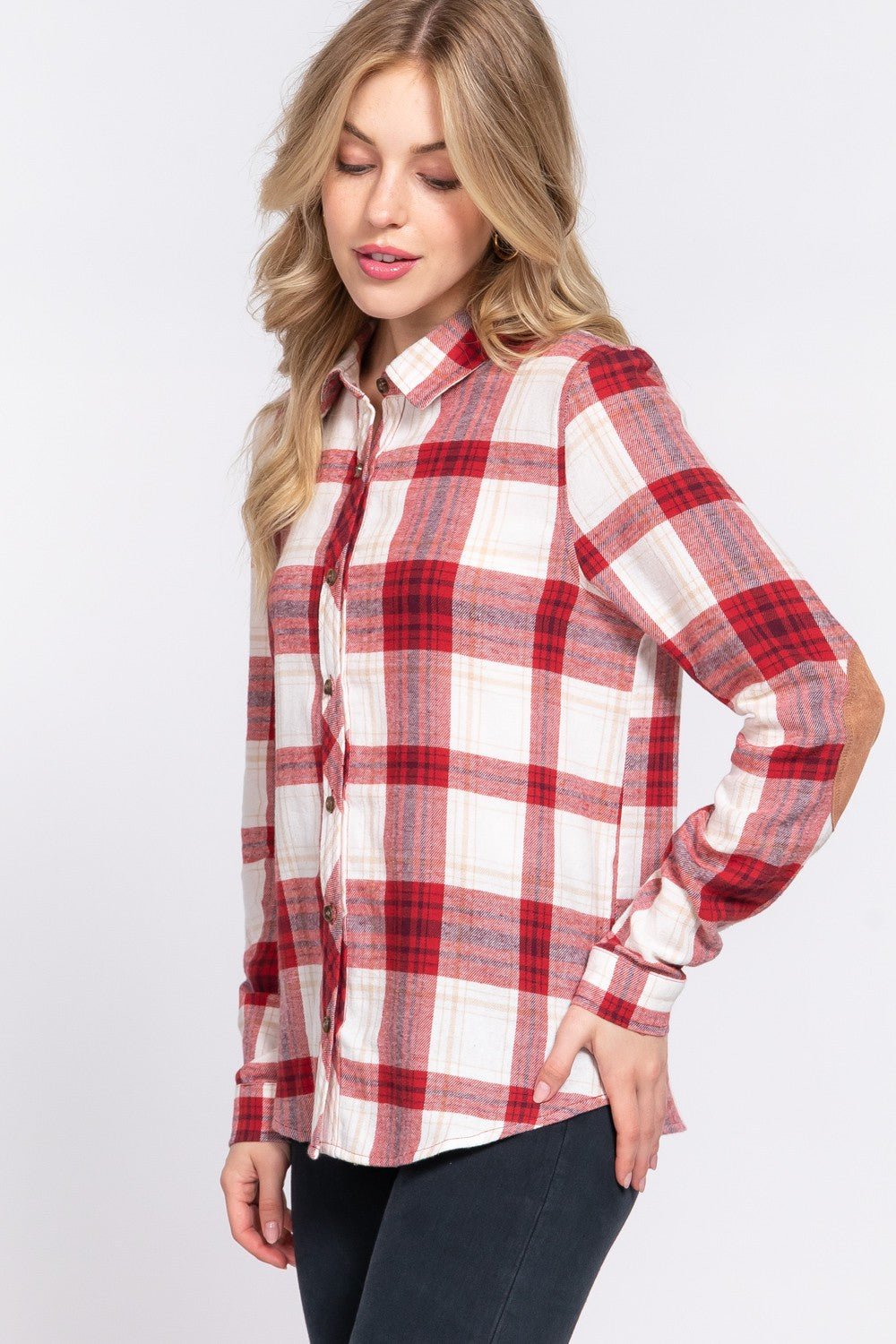 DOORBUSTER Long Sleeve W/suede Patch Button Down Plaid Shirt - Blush & Cactus