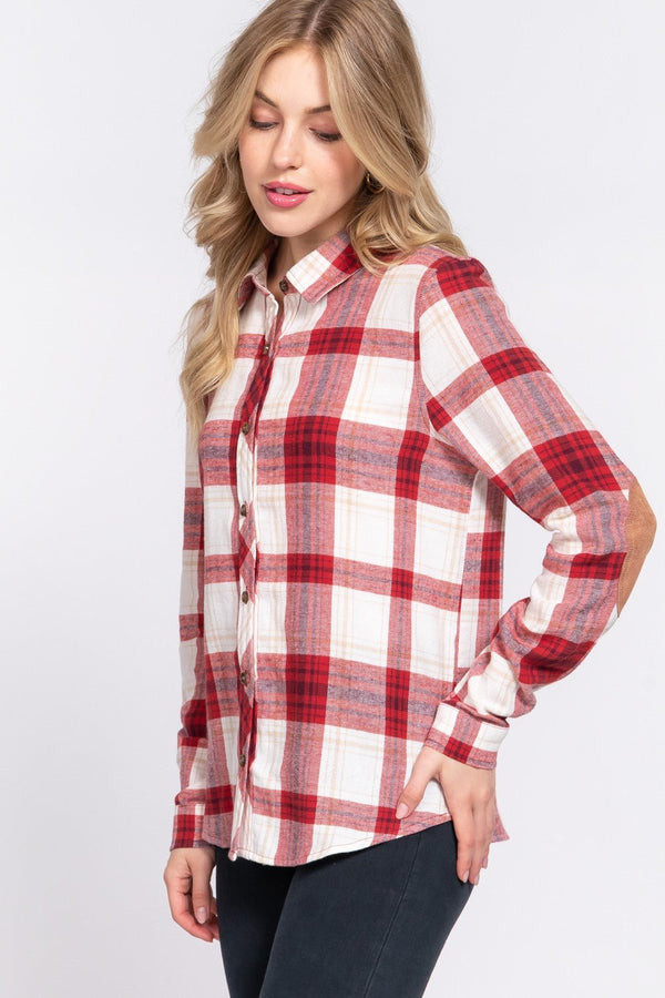 DOORBUSTER Long Sleeve W/suede Patch Button Down Plaid Shirt - Blush & Cactus