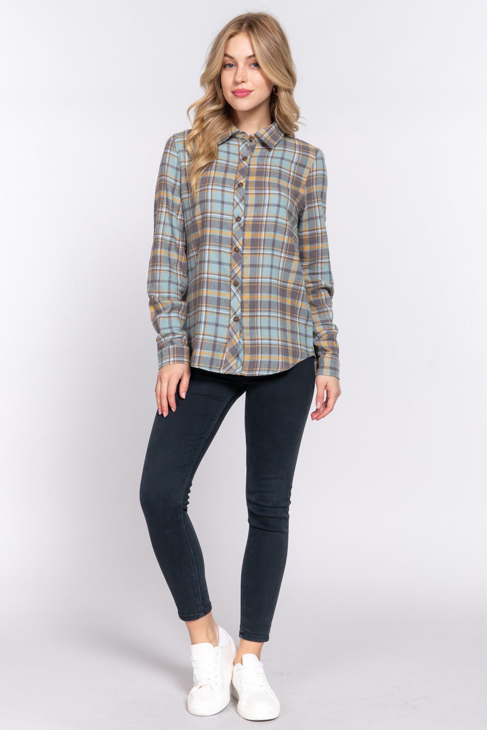 DOORBUSTER Long Sleeve W/suede Patch Button Down Plaid Shirt - Blush & Cactus