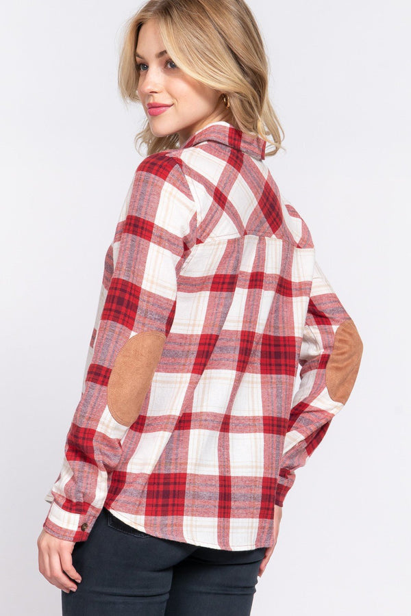 DOORBUSTER Long Sleeve W/suede Patch Button Down Plaid Shirt - Blush & Cactus