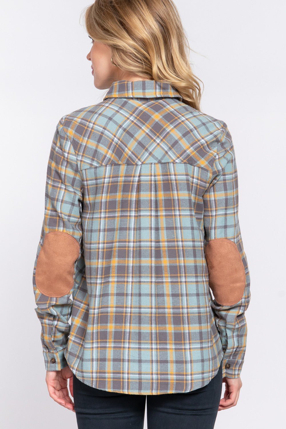 DOORBUSTER Long Sleeve W/suede Patch Button Down Plaid Shirt - Blush & Cactus
