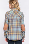 DOORBUSTER Long Sleeve W/suede Patch Button Down Plaid Shirt - Blush & Cactus