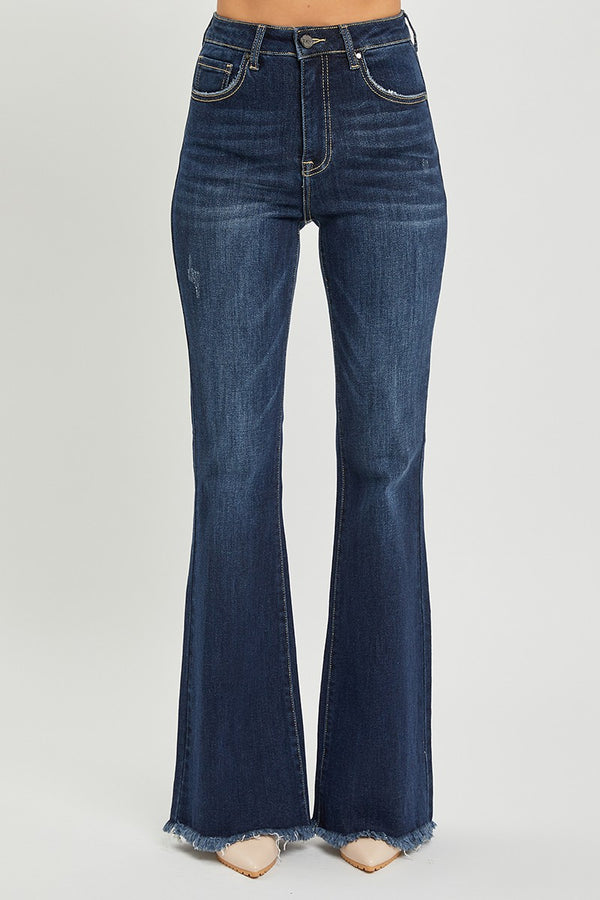 SALE Risen High Rise Vintage Frayed Hem Flare Jeans